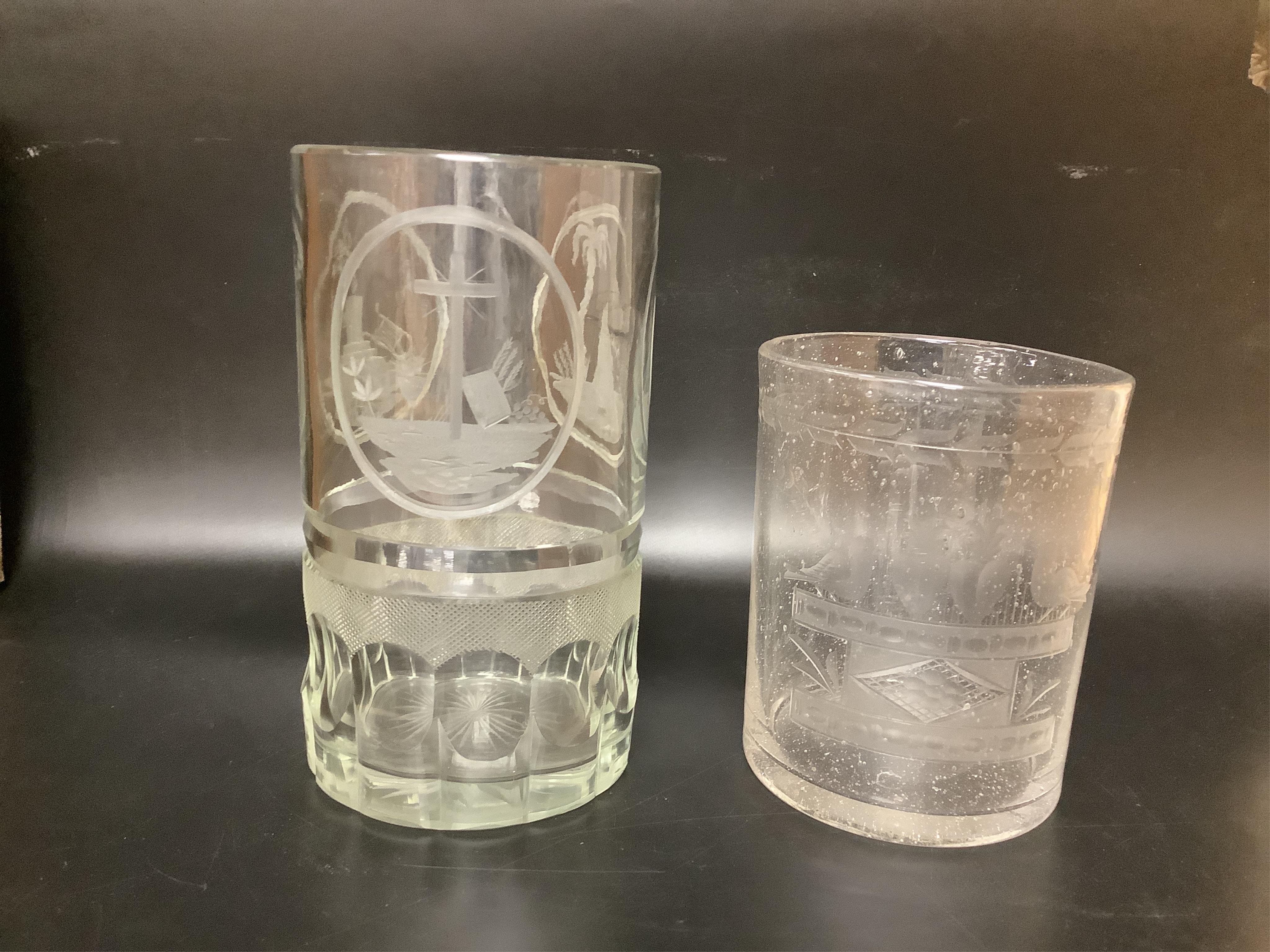 Four German or Bohemian engraved glass beakers, 19th century, largest 16cm high